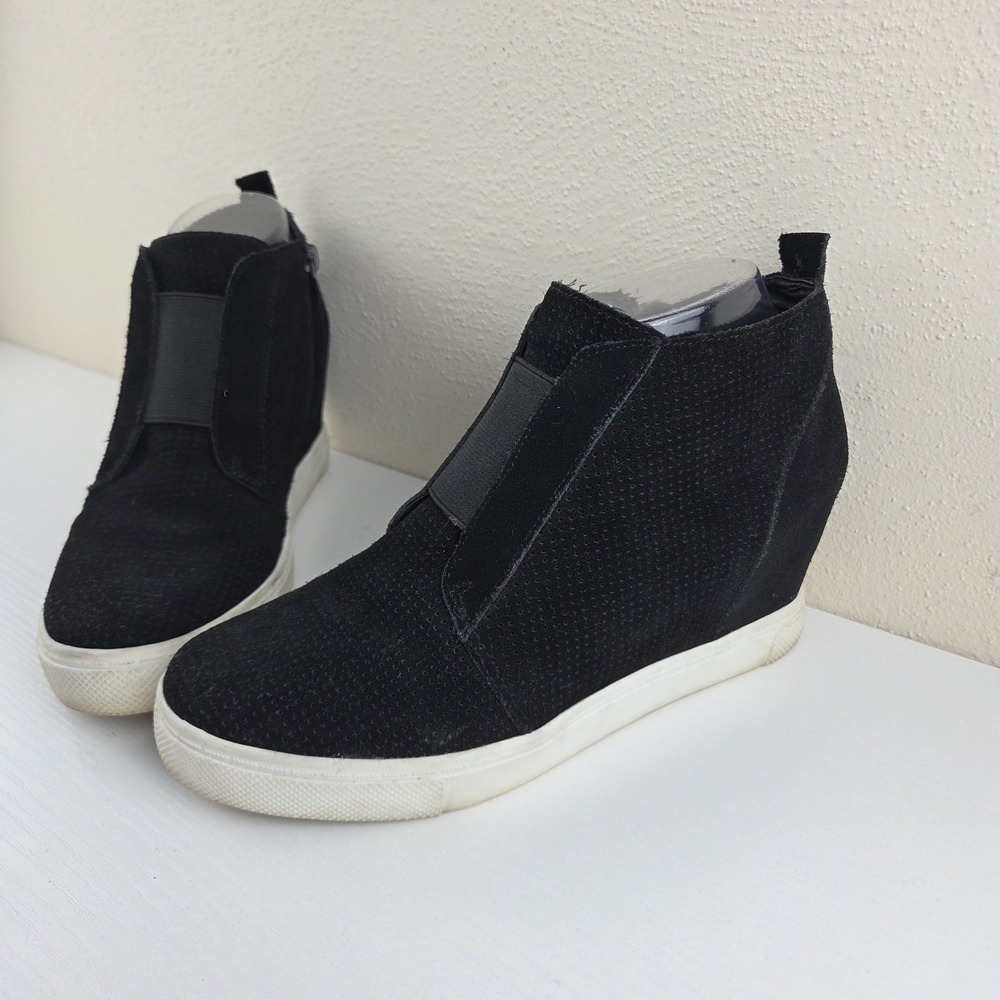Steve Madden Wavery Wedge Sneakers Black Suede Leather Side Zip Women's Size 8